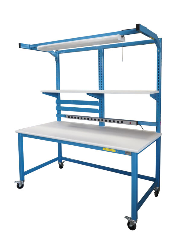 Sectionalized Slotted Modular Workbench with Bin Panel & Overhead Lightbar