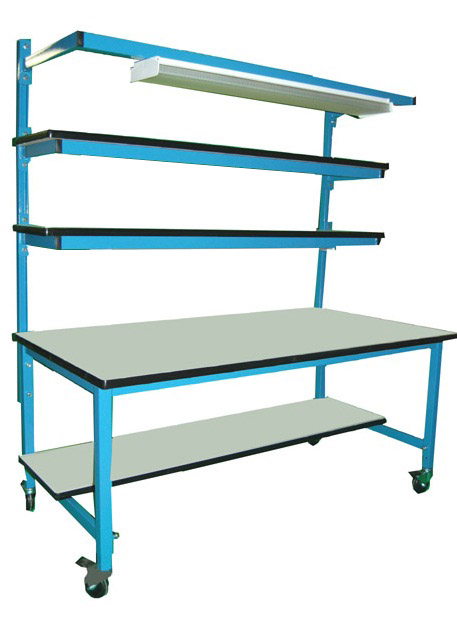 Modular Workbench with Double Cantilever Riser Shelf & Overhead Lightbar