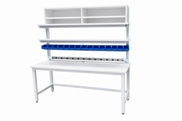 Modular Strut Channel Workbench with Cubby Shelf, PS Bar, Bin Rail
