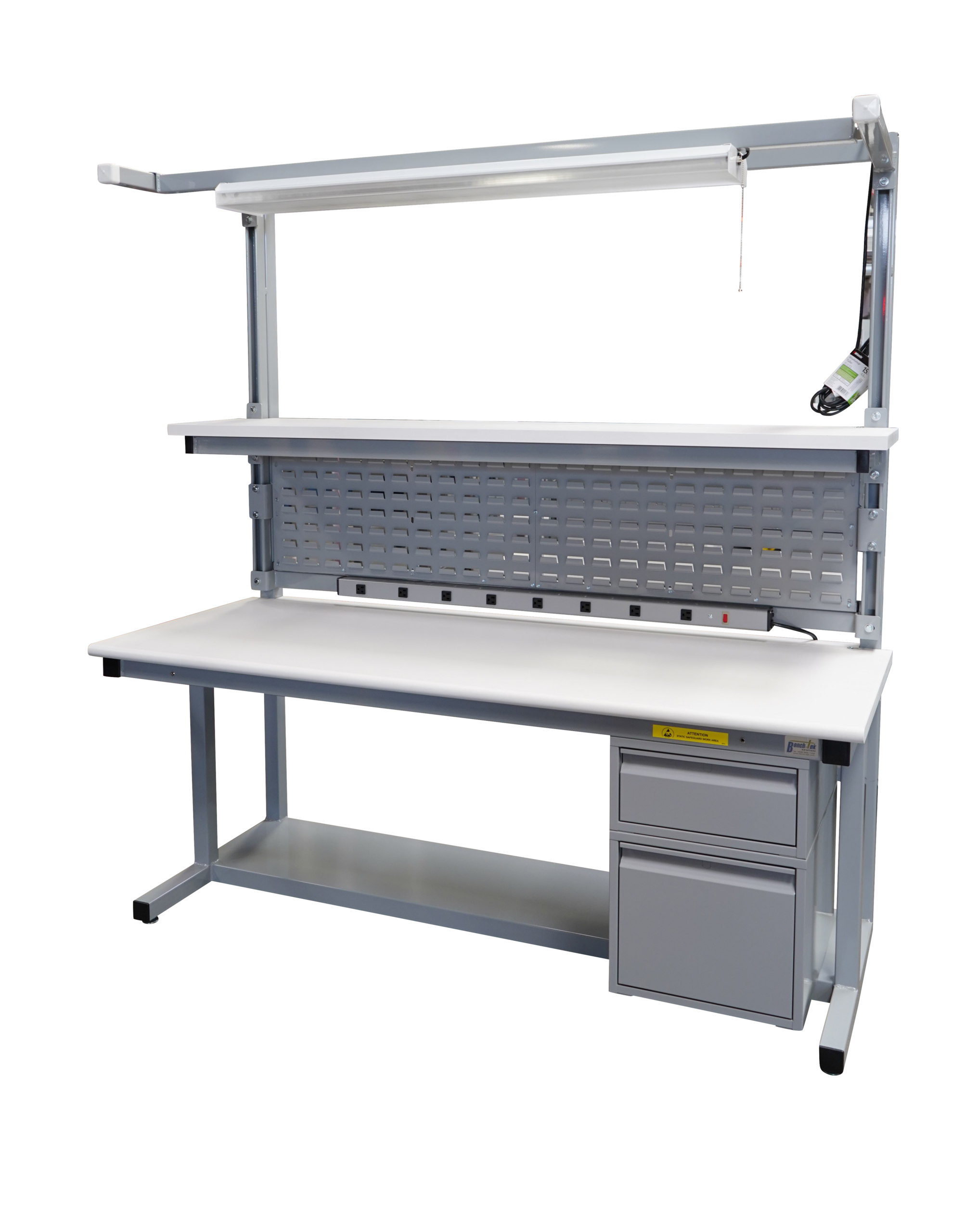 Modular Strut Channel Cantilever Workbench with Lightbar, Bin Panel, Bottom Shelf, Drawers