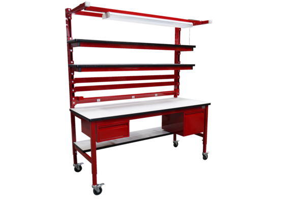 Modular Workbench with Double Shelves, Bin Rails & Overhead Lightbar