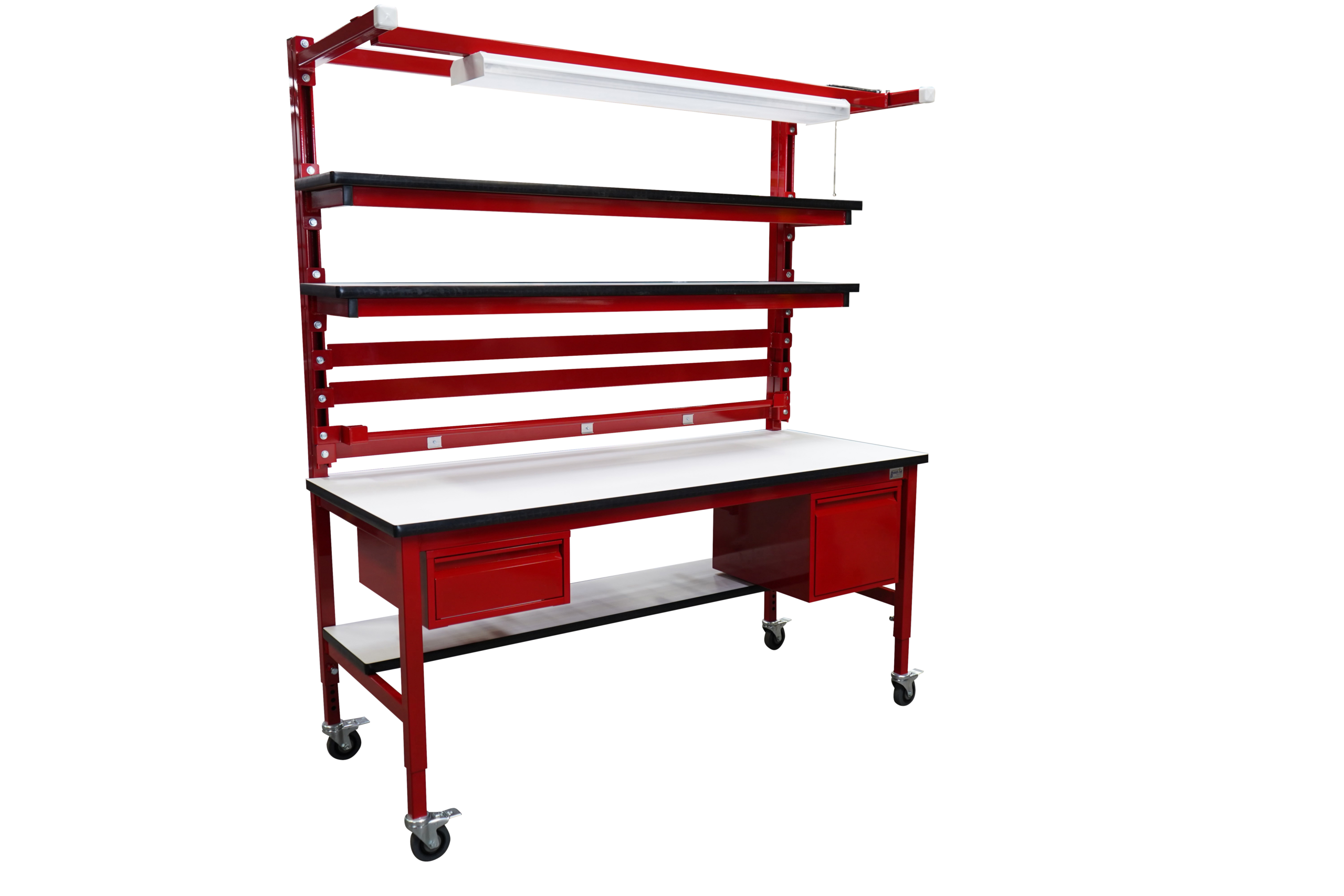 Modular Workbench with Double Shelves, Bin Rails & Overhead Lightbar