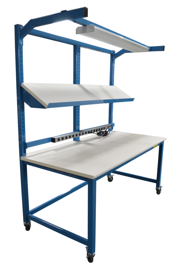 Sectionalized Slotted Modular Workbench with Angled Shelves, Lightbar & Power Strip