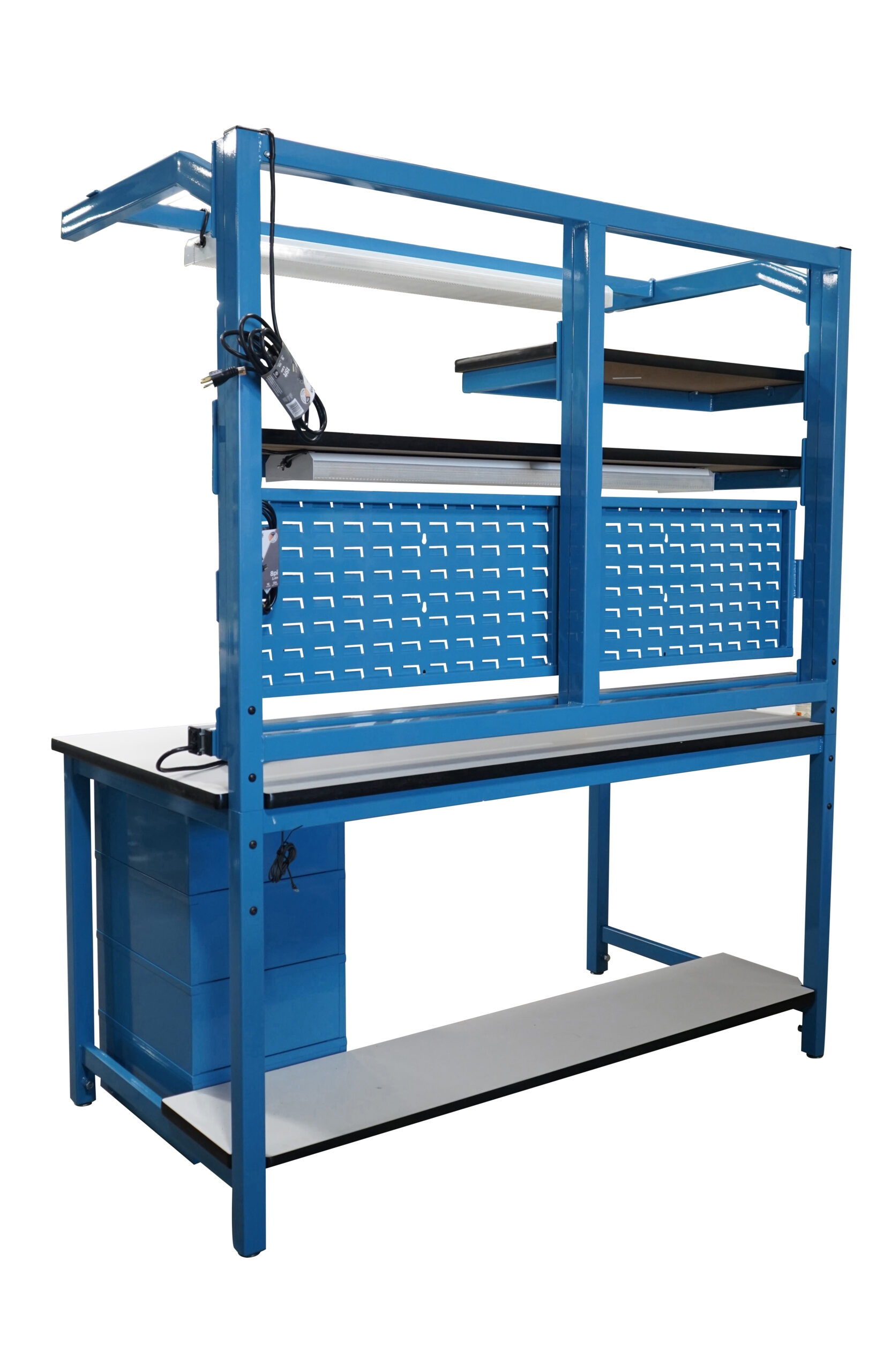 Sectionalized Slotted Modular Workbench with Shelves, Bin Panel, Lightbar, Power Strip