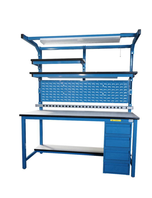 Sectionalized Slotted Modular Workbench with Shelves, Bin Panel, Lightbar, Power Strip