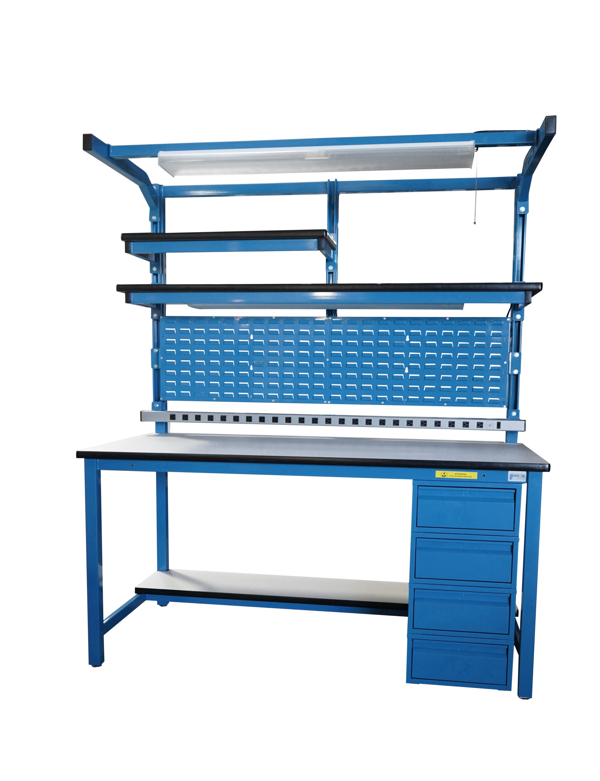 Sectionalized Slotted Modular Workbench with Shelves, Bin Panel, Lightbar, Power Strip