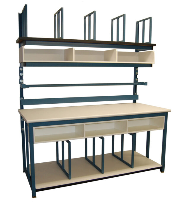 Modular Strut Channel Packaging Workstation with Overhead Storage