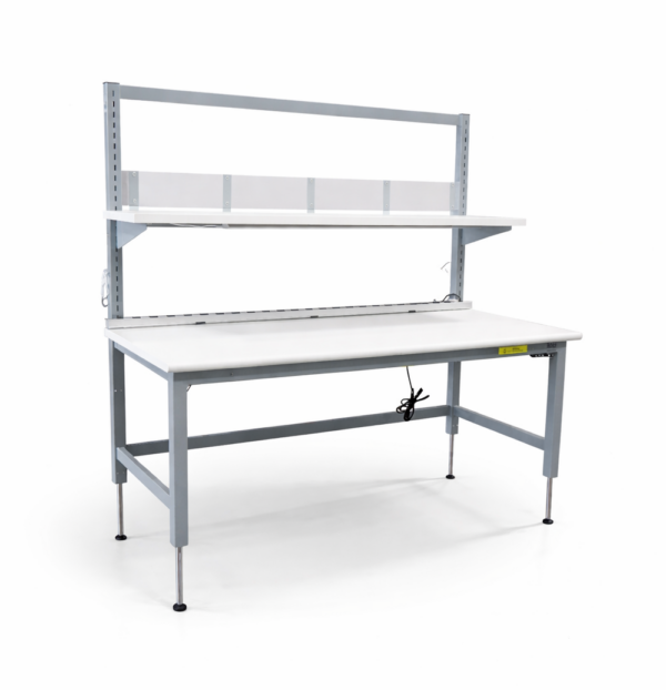 Motorized Lift Workbench with Slotted Uprights, Riser Shelf