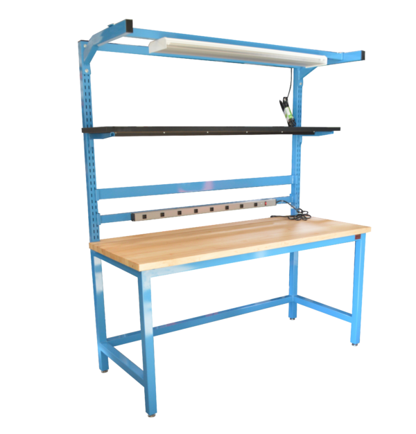 Maple Modular Workbench, Slotted Uprights, Lightbar, Riser Shelf
