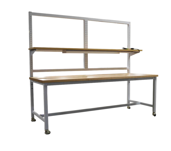 Maple Modular Workbench, Sectionalized Slotted Uprights, Riser Shelves