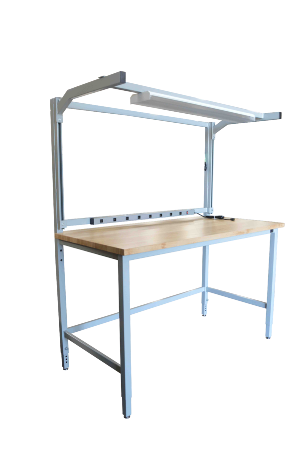 Maple Top Workbench with Strut Channel Uprights, Lightbar, Power Strip Bar