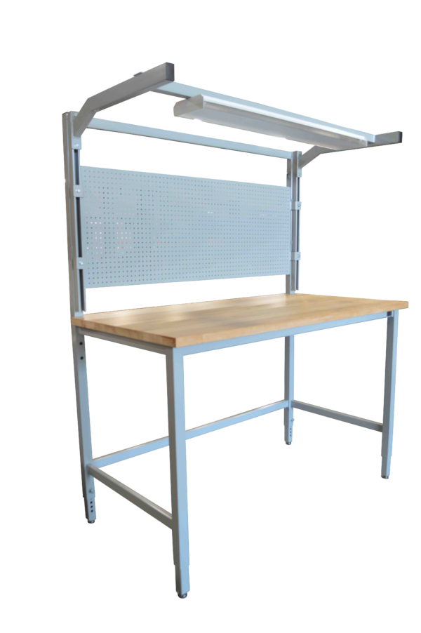 Maple Top Workbench with Strut Channel Uprights & Overhead Lightbar, Pegboard